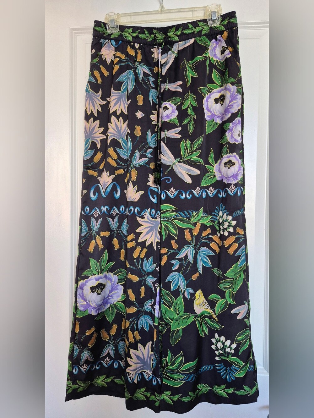 Black Floral Wide-Leg Pants with Lavender Blooms